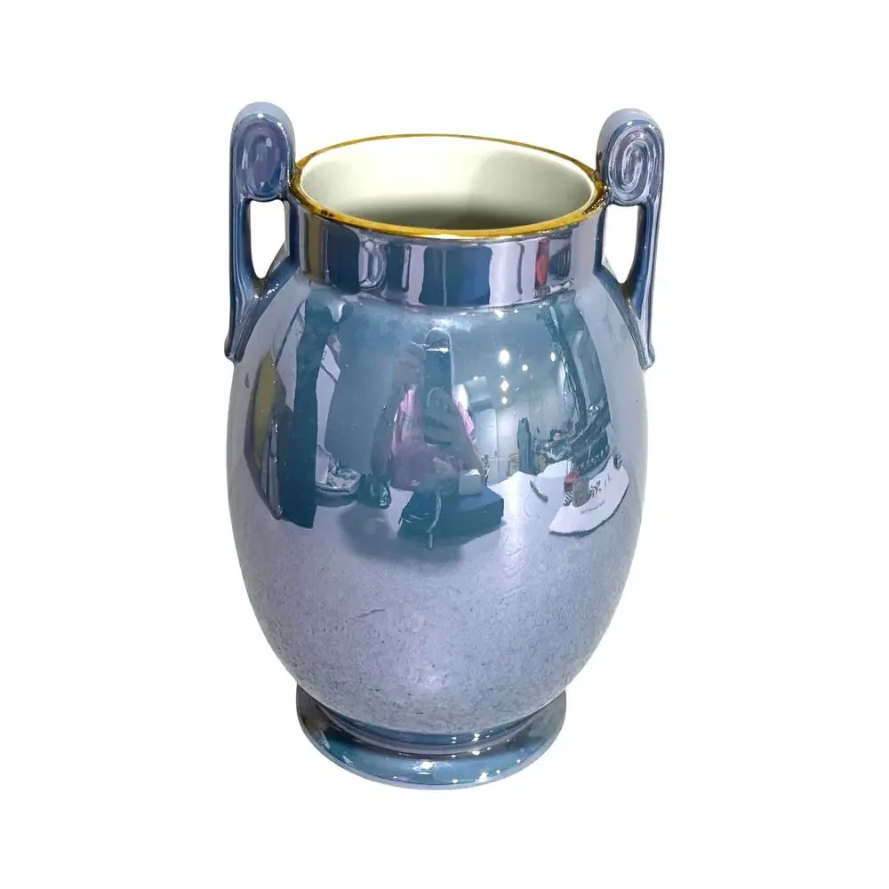 Vintage Japan Vase blue lustre ware urn shape side handles floral decorative